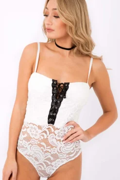 Rebellious Fashion White Tie Front Lace Bodysuit - Tiana