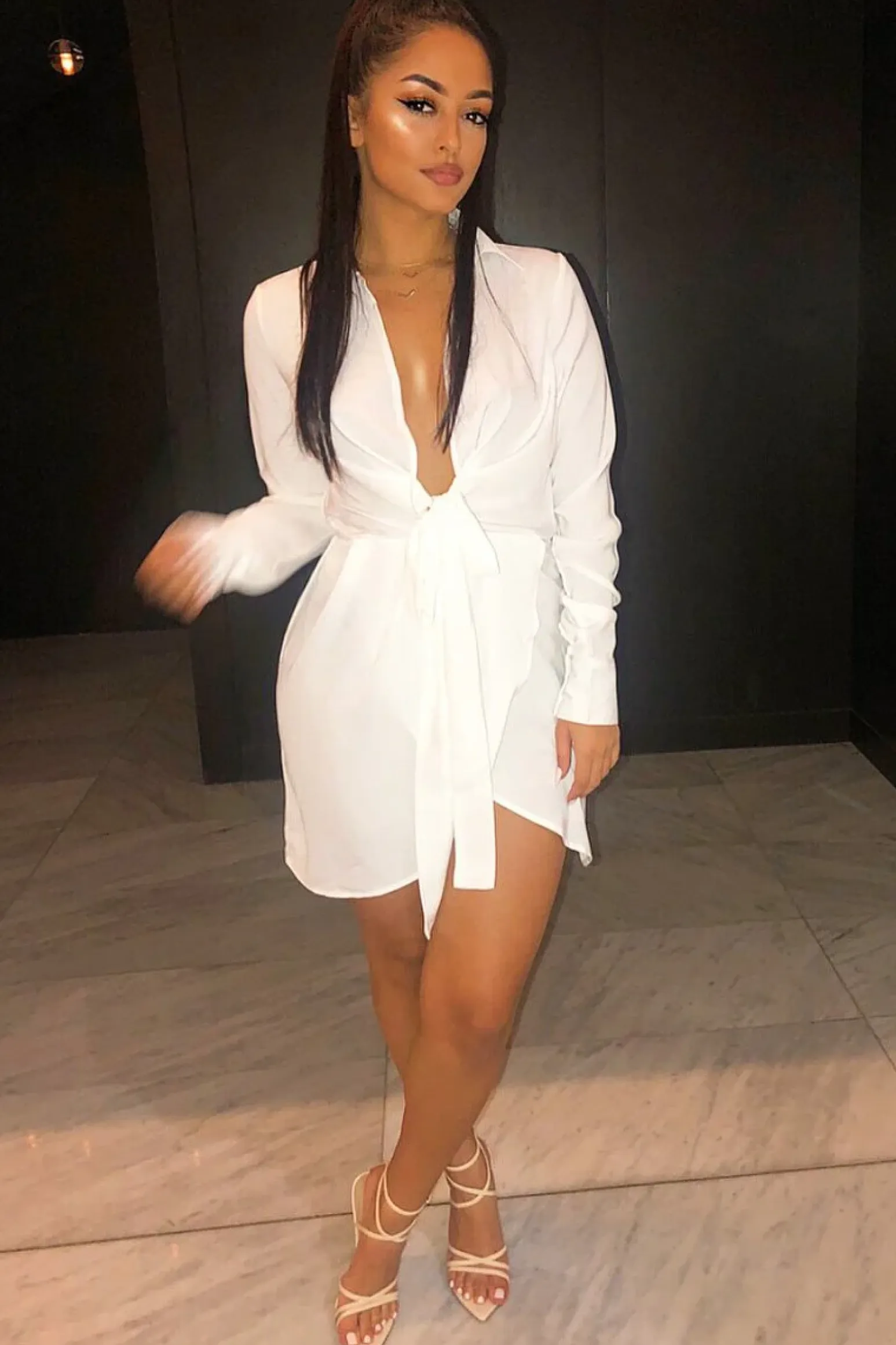 Rebellious Fashion White Tie Front Plunge Wrap Shirt Dress - Bexlee