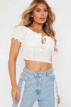 Rebellious Fashion White Tie Front Short Sleeve Crop Top - Denni