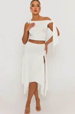 Rebellious Fashion White Tie Shoulder Hanky Hem Skirt Co-ord Set - Alla