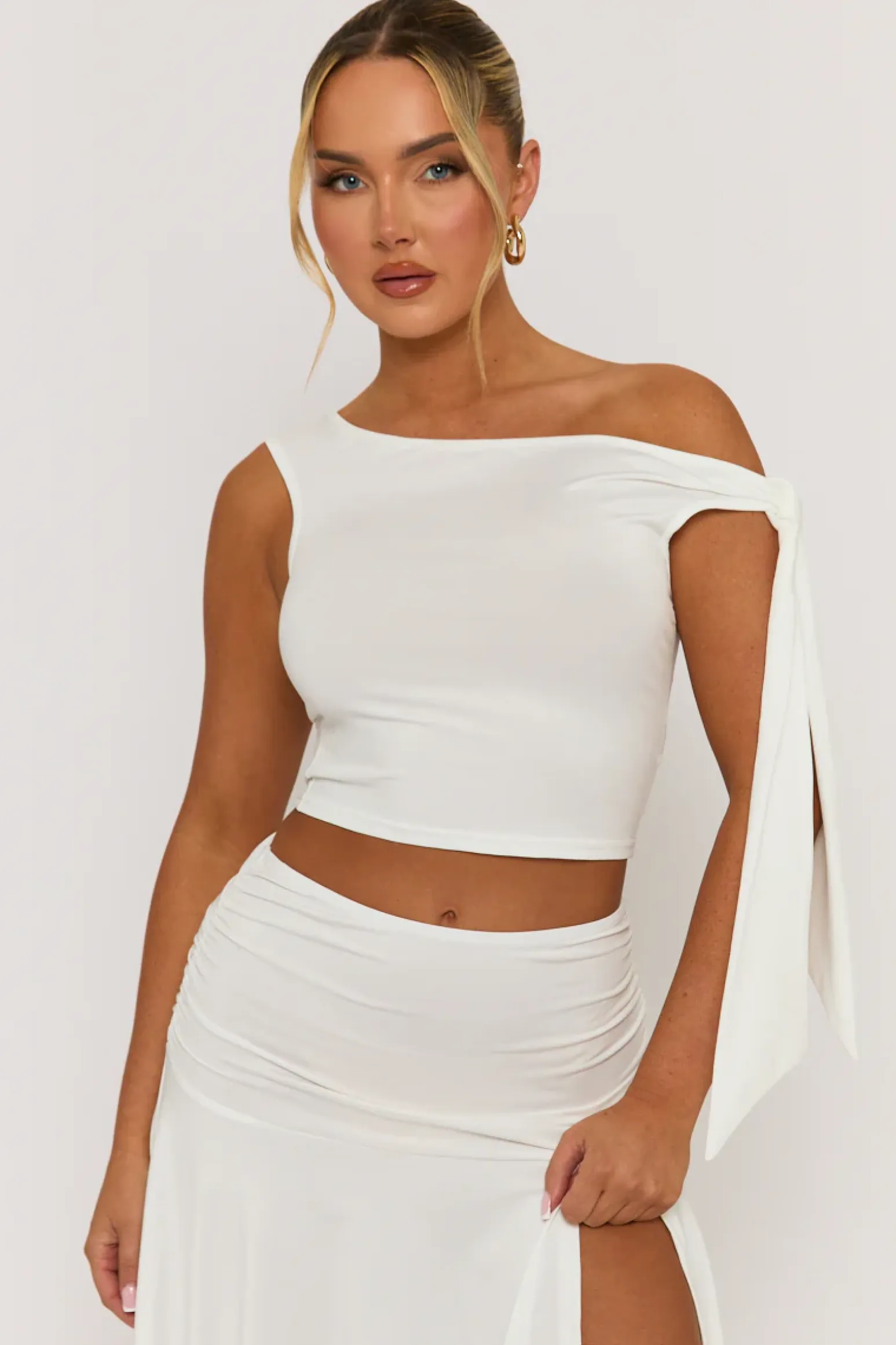 Rebellious Fashion White Tie Shoulder Hanky Hem Skirt Co-ord Set - Alla