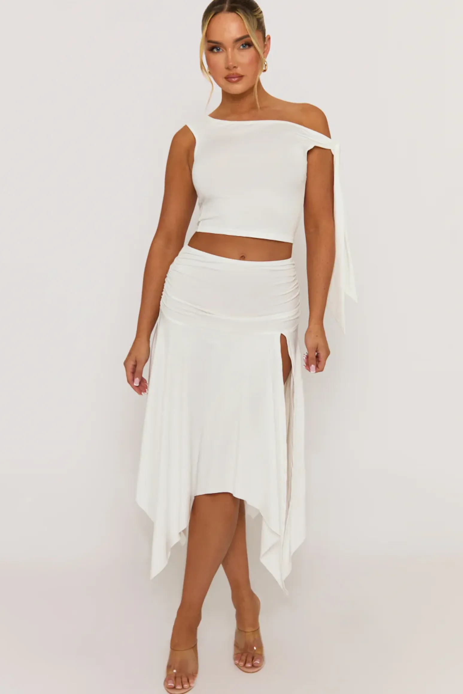 Rebellious Fashion White Tie Shoulder Hanky Hem Skirt Co-ord Set - Alla