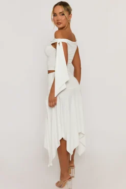 Rebellious Fashion White Tie Shoulder Hanky Hem Skirt Co-ord Set - Alla