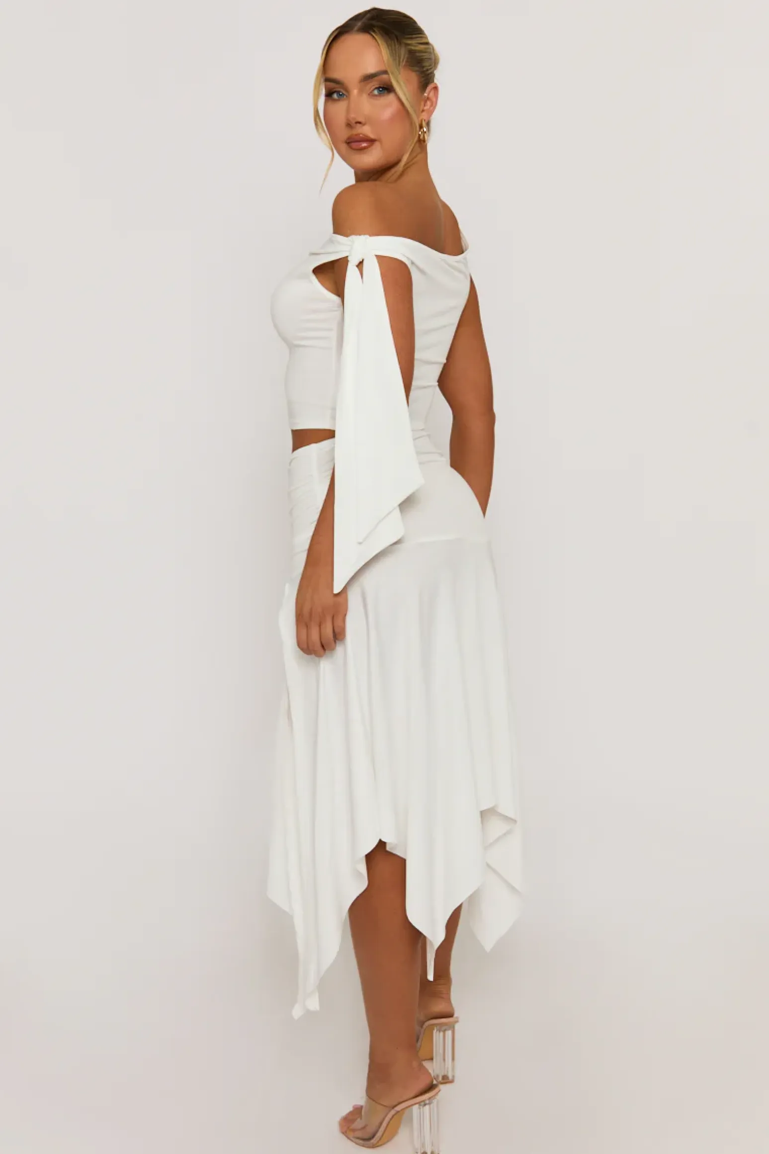 Rebellious Fashion White Tie Shoulder Hanky Hem Skirt Co-ord Set - Alla