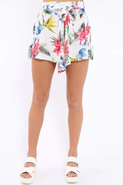 Rebellious Fashion White Tropical Print Tie Waist Shorts - Tabby
