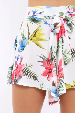 Rebellious Fashion White Tropical Print Tie Waist Shorts - Tabby
