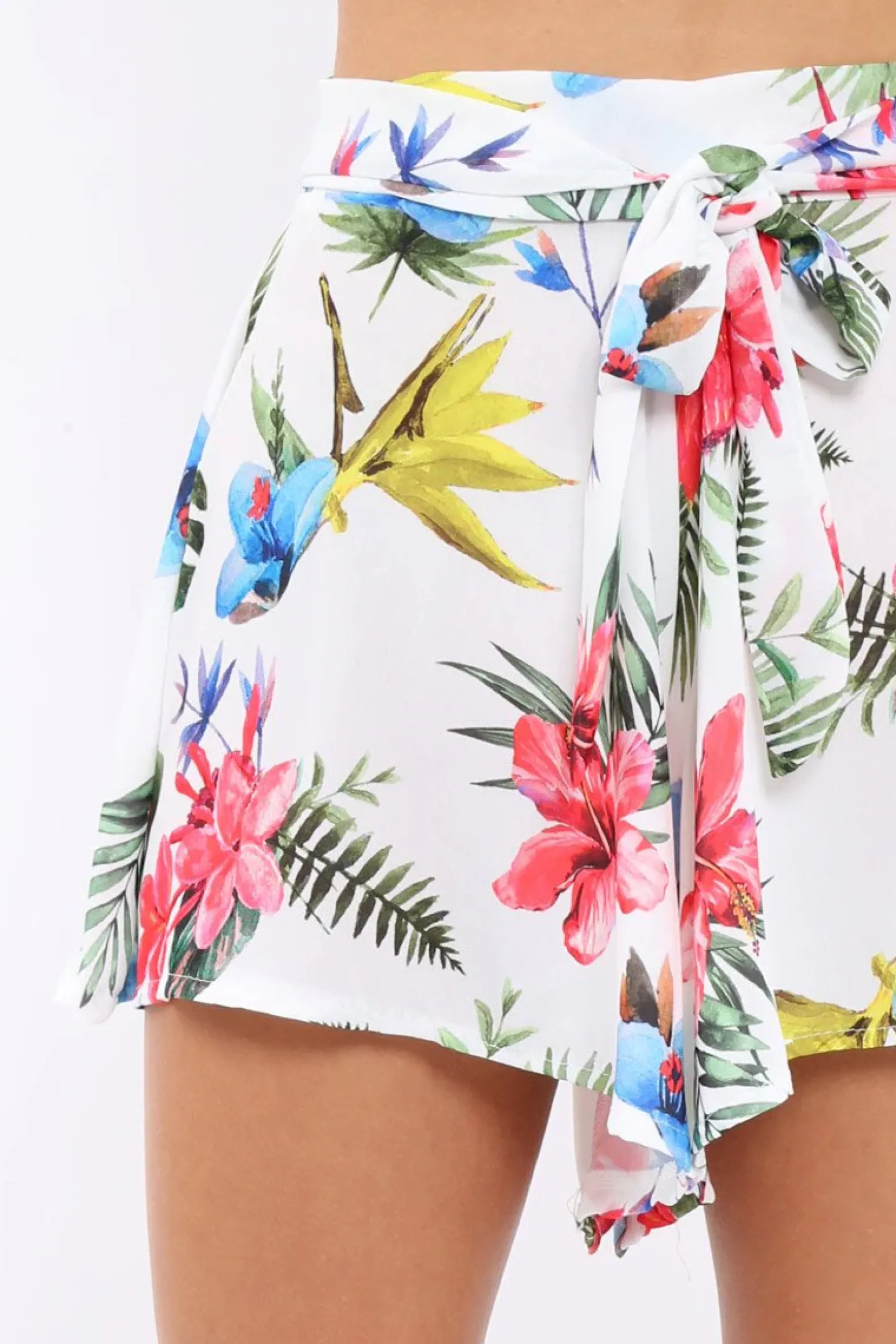 Rebellious Fashion White Tropical Print Tie Waist Shorts - Tabby