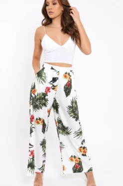 Rebellious Fashion White Tropical Print Wide Leg Trousers - Yasmine