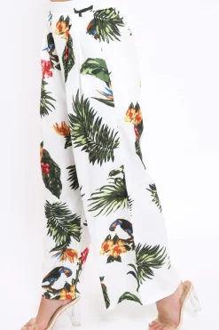 Rebellious Fashion White Tropical Print Wide Leg Trousers - Yasmine