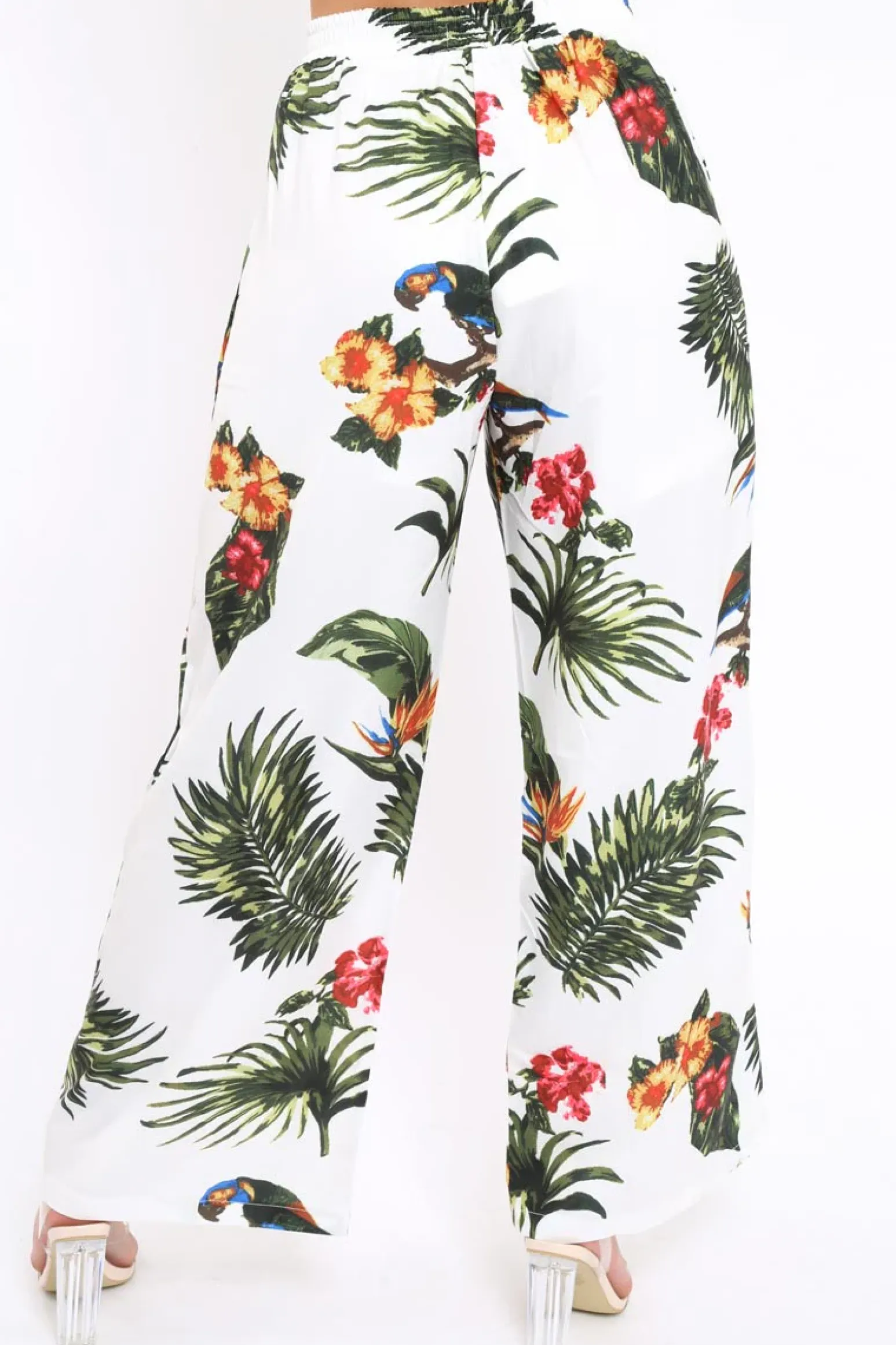 Rebellious Fashion White Tropical Print Wide Leg Trousers - Yasmine