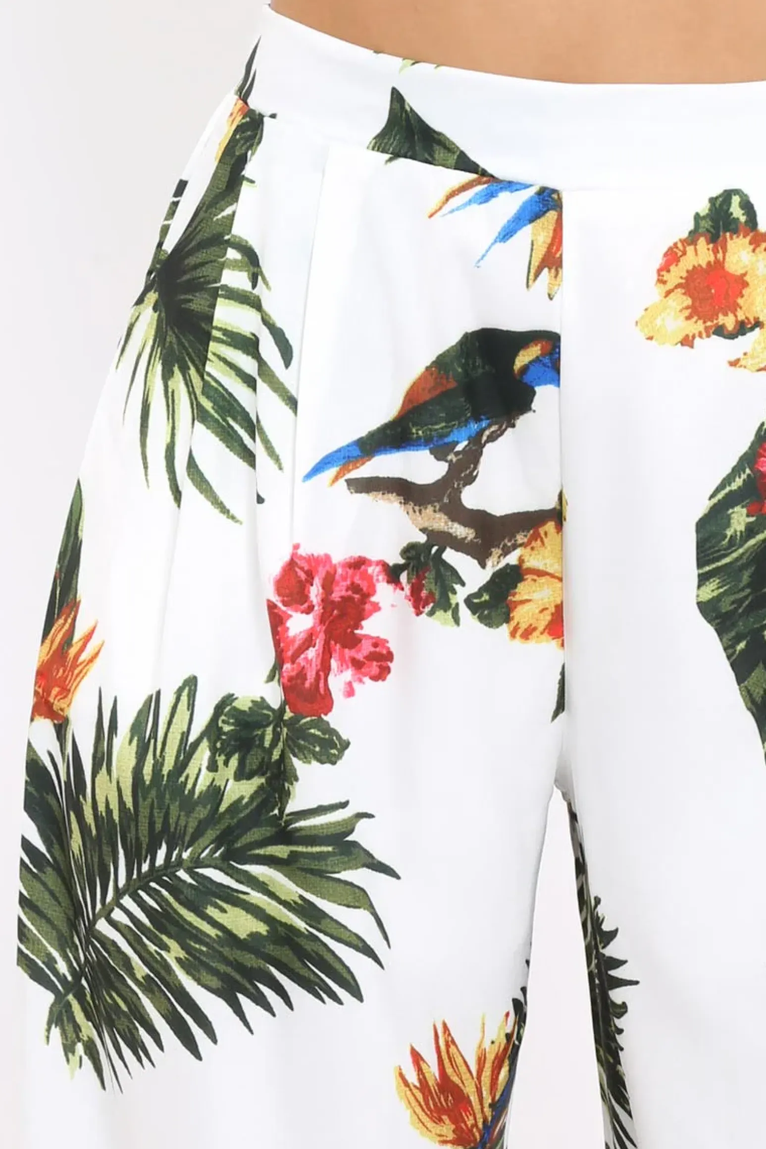 Rebellious Fashion White Tropical Print Wide Leg Trousers - Yasmine