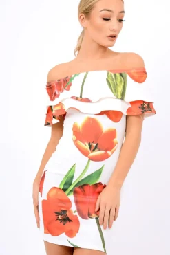 Rebellious Fashion White Tulip Bardot Bodycon Dress - Kelis