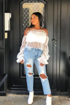 Rebellious Fashion White Tulle Mesh Bardot Crop Top - Gemini