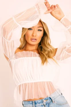 Rebellious Fashion White Tulle Mesh Bardot Crop Top - Gemini