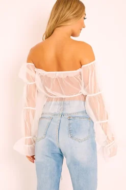 Rebellious Fashion White Tulle Mesh Bardot Crop Top - Gemini