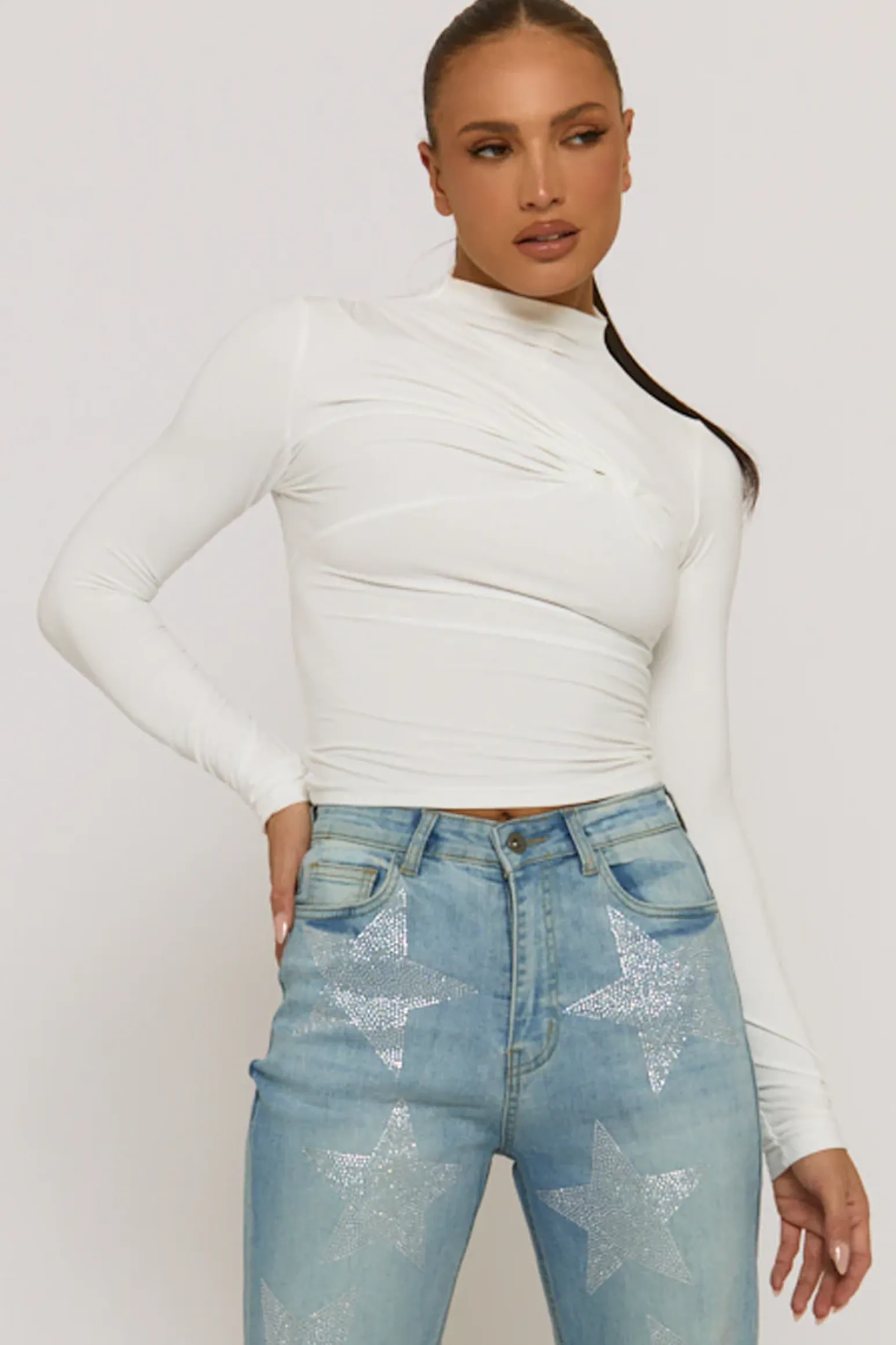 Rebellious Fashion White Twist Detail Long Sleeve Top - Maria