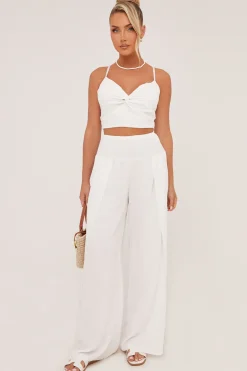 Rebellious Fashion White Twist Front Cropped Top & Flared Leg Trouser Co-ord Set - Lyra