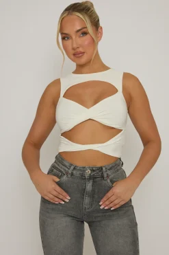 Rebellious Fashion White Twist Front Cut Out Top - Sonia