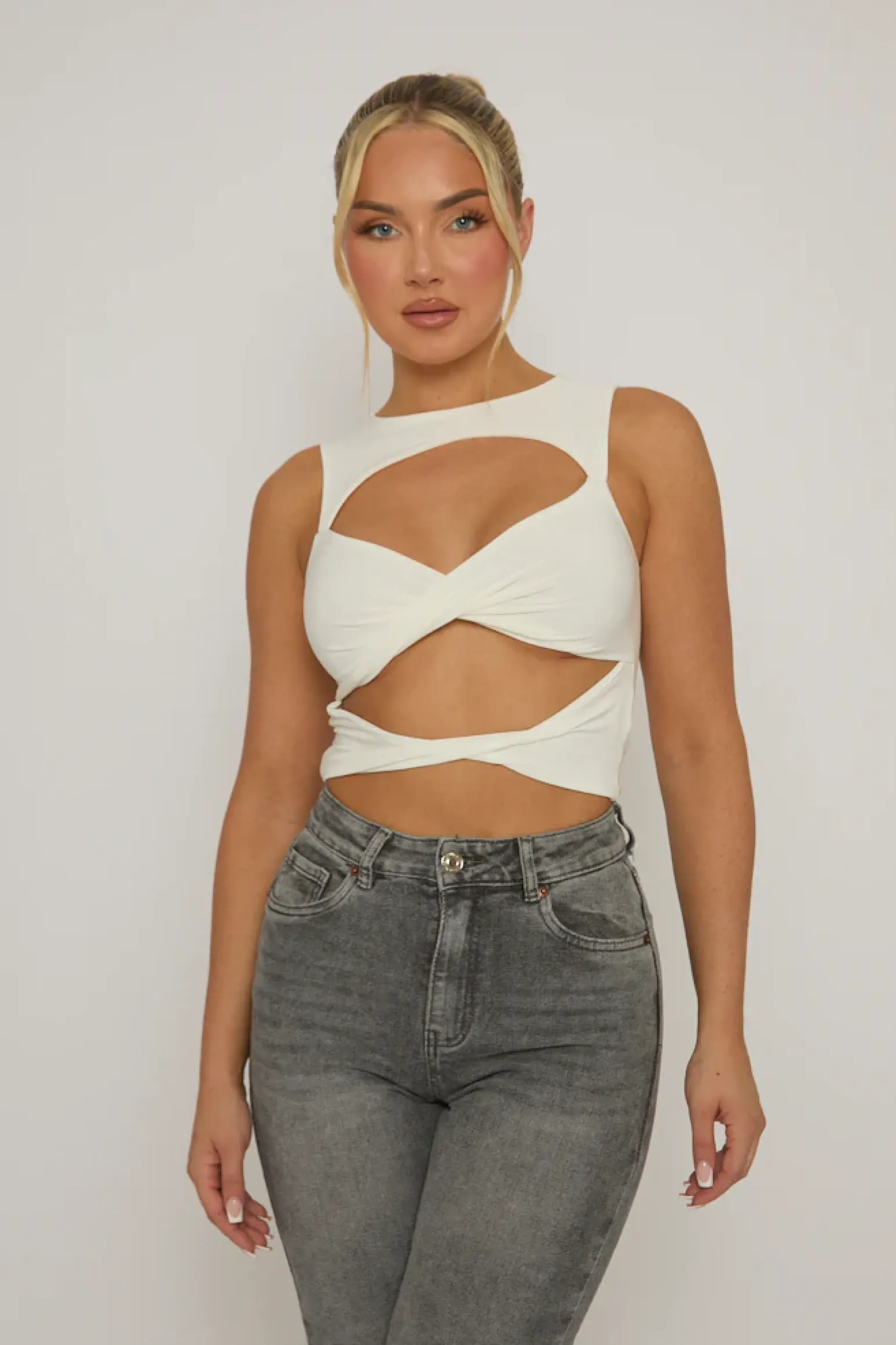 Rebellious Fashion White Twist Front Cut Out Top - Sonia