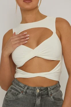 Rebellious Fashion White Twist Front Cut Out Top - Sonia