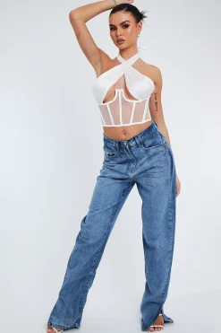 Rebellious Fashion White Under Boob Halterneck Corset Crop Top - Kass