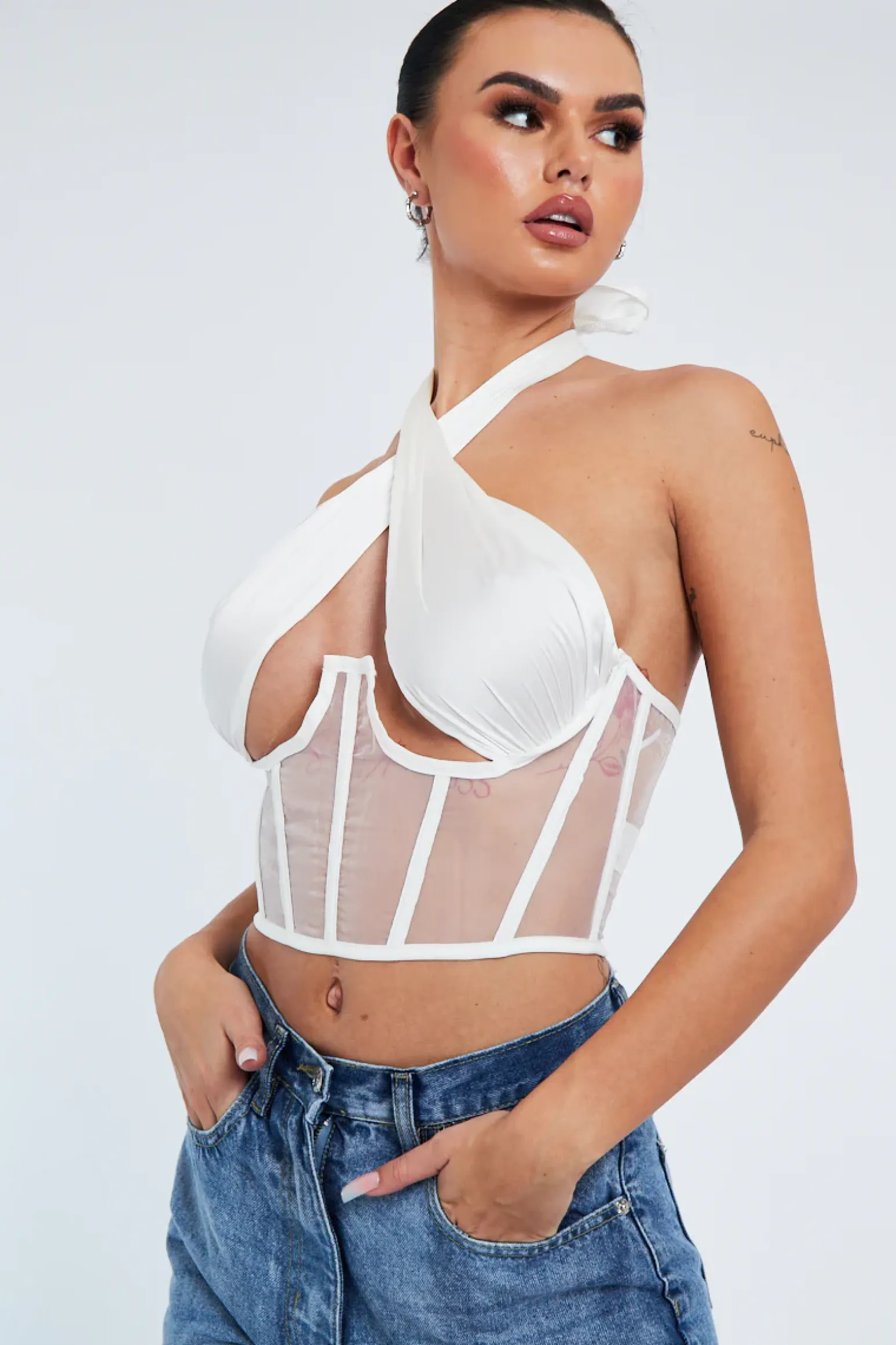 Rebellious Fashion White Under Boob Halterneck Corset Crop Top - Kass