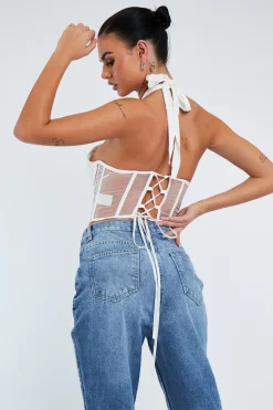Rebellious Fashion White Under Boob Halterneck Corset Crop Top - Kass