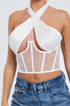 Rebellious Fashion White Under Boob Halterneck Corset Crop Top - Kass