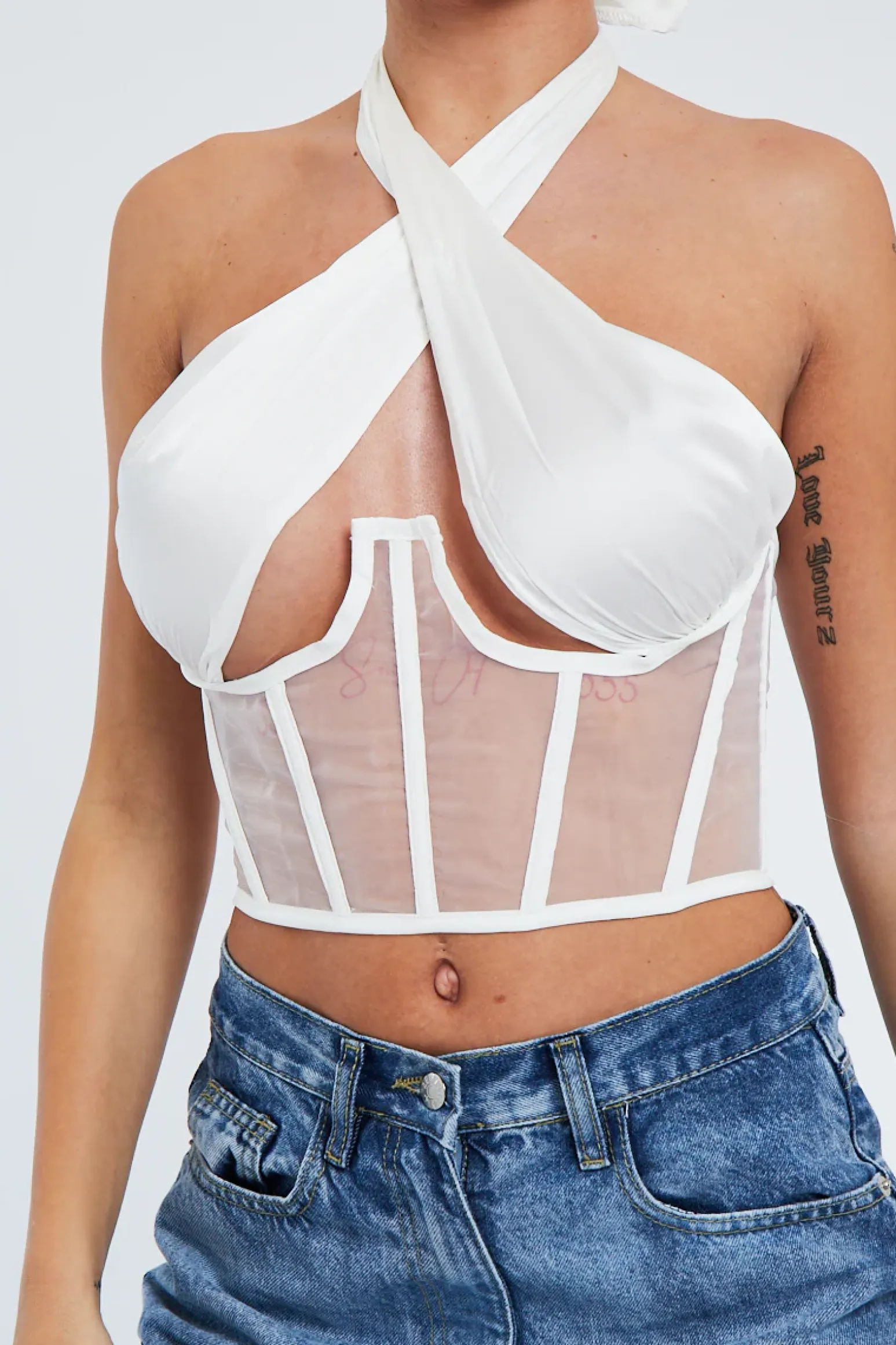 Rebellious Fashion White Under Boob Halterneck Corset Crop Top - Kass
