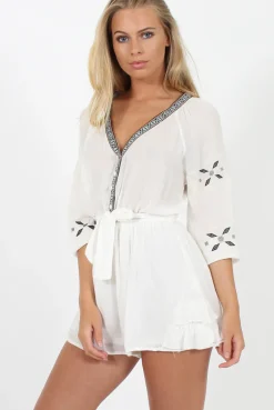 Rebellious Fashion White V Neck Embroidered Playsuit- Jess