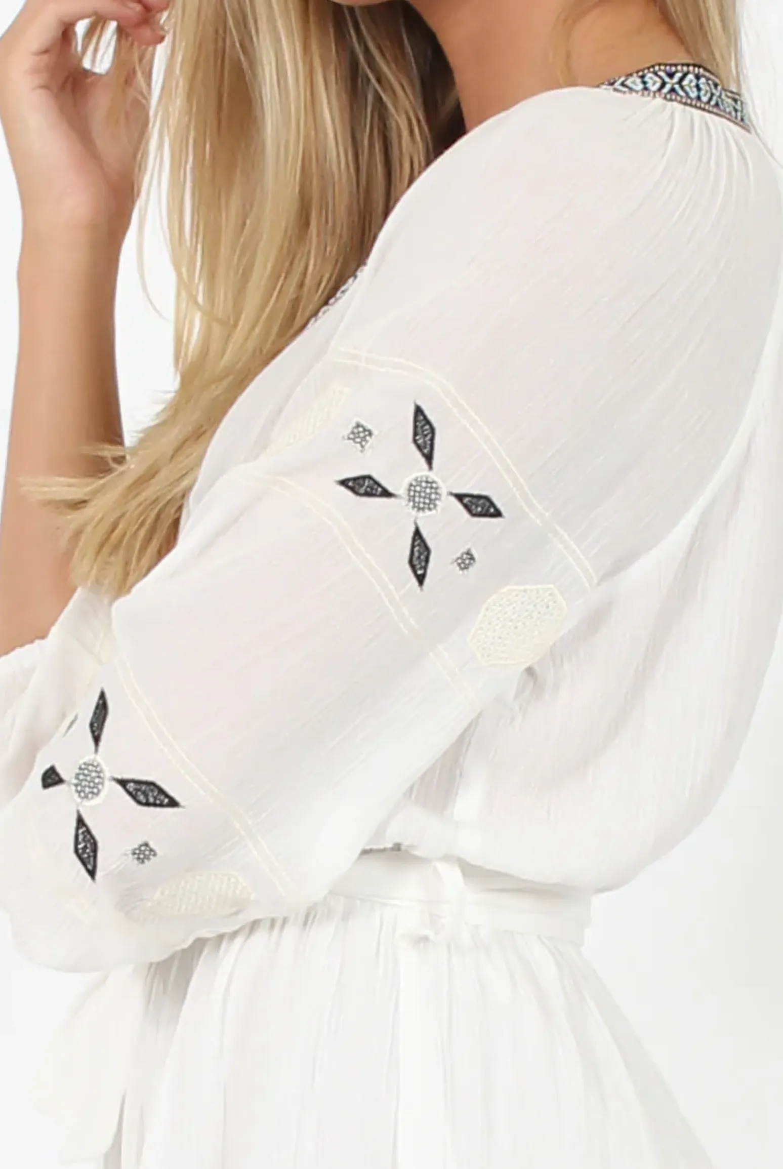 Rebellious Fashion White V Neck Embroidered Playsuit- Jess