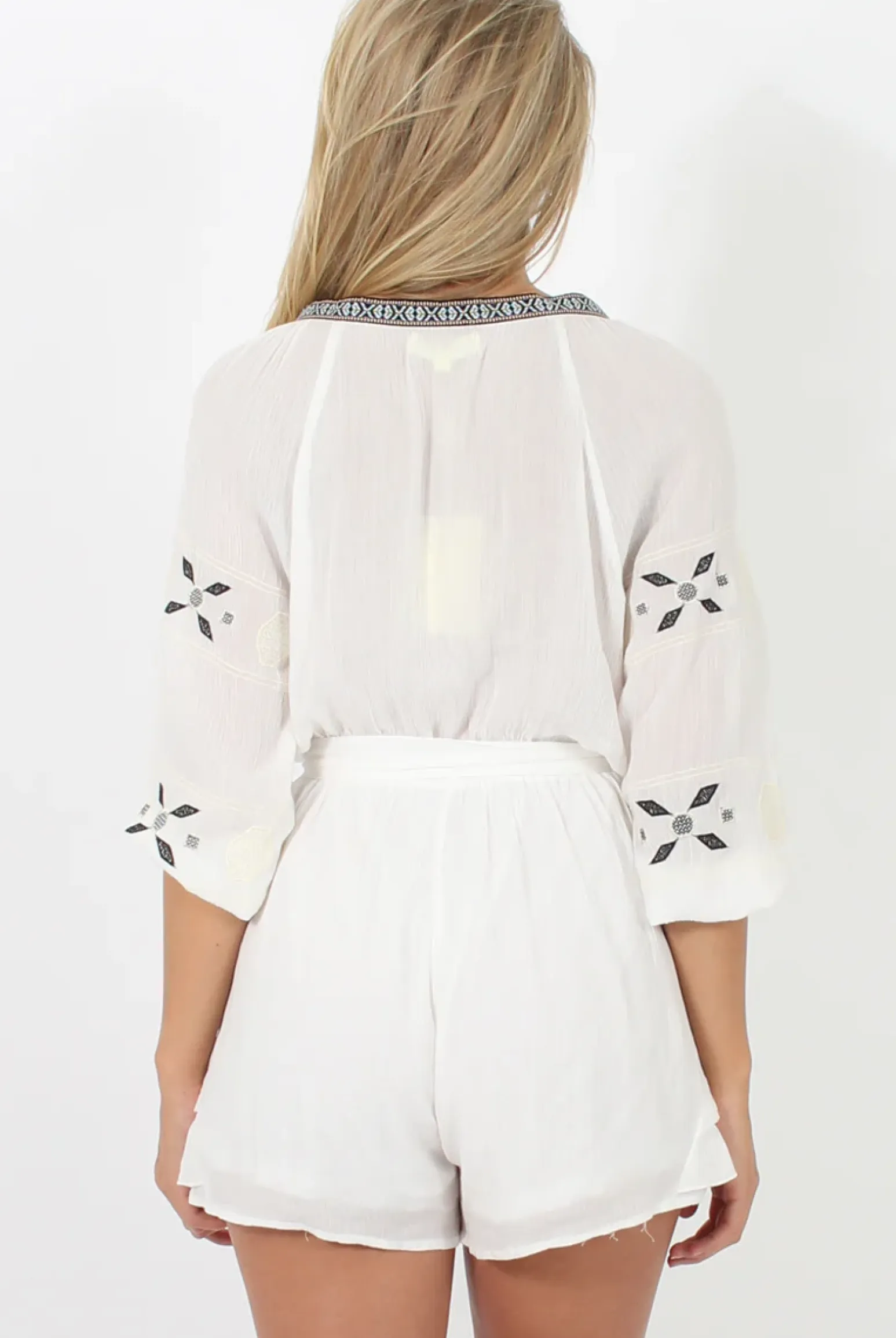 Rebellious Fashion White V Neck Embroidered Playsuit- Jess