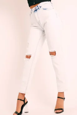 Rebellious Fashion White Washed Denim Ripped Knee Boyfriend Jeans - Patsie