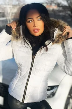 Rebellious Fashion White Wet Look Puffer Coat - Soph