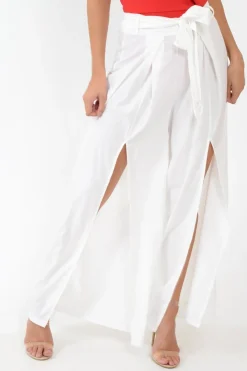 Rebellious Fashion White Wide Leg Belted Split Front Trousers - Aamira