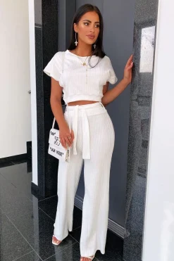 Rebellious Fashion White Wide Leg Ribbed Crop Top Loungewear Co-ord - Cesilia