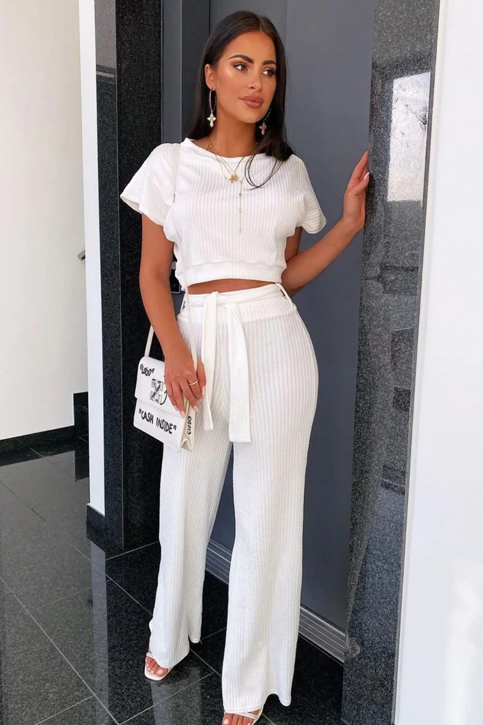 Rebellious Fashion White Wide Leg Ribbed Crop Top Loungewear Co-ord - Cesilia