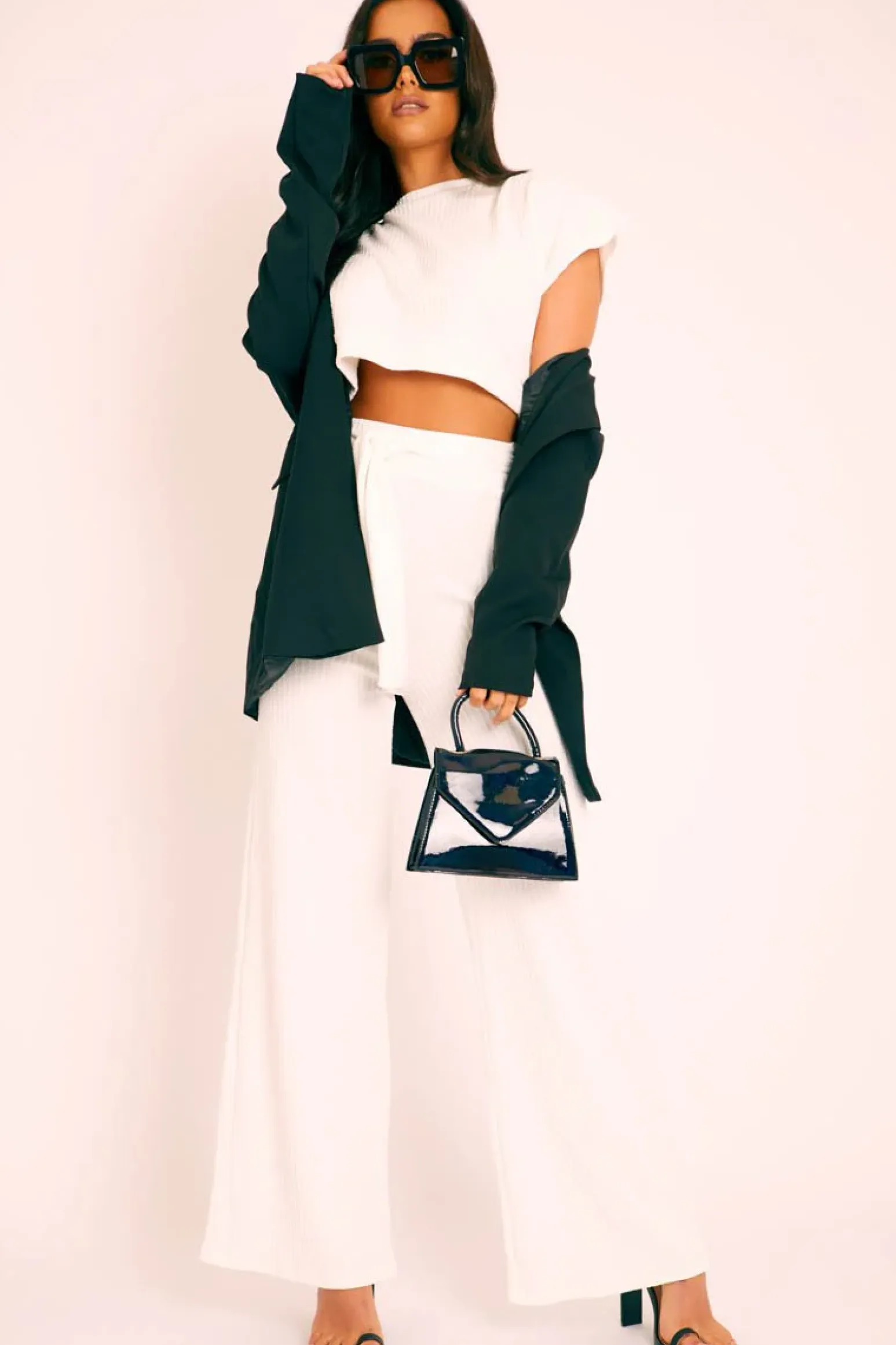 Rebellious Fashion White Wide Leg Ribbed Crop Top Loungewear Co-ord - Cesilia