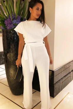 Rebellious Fashion White Wide Leg Ribbed Crop Top Loungewear Co-ord - Cesilia