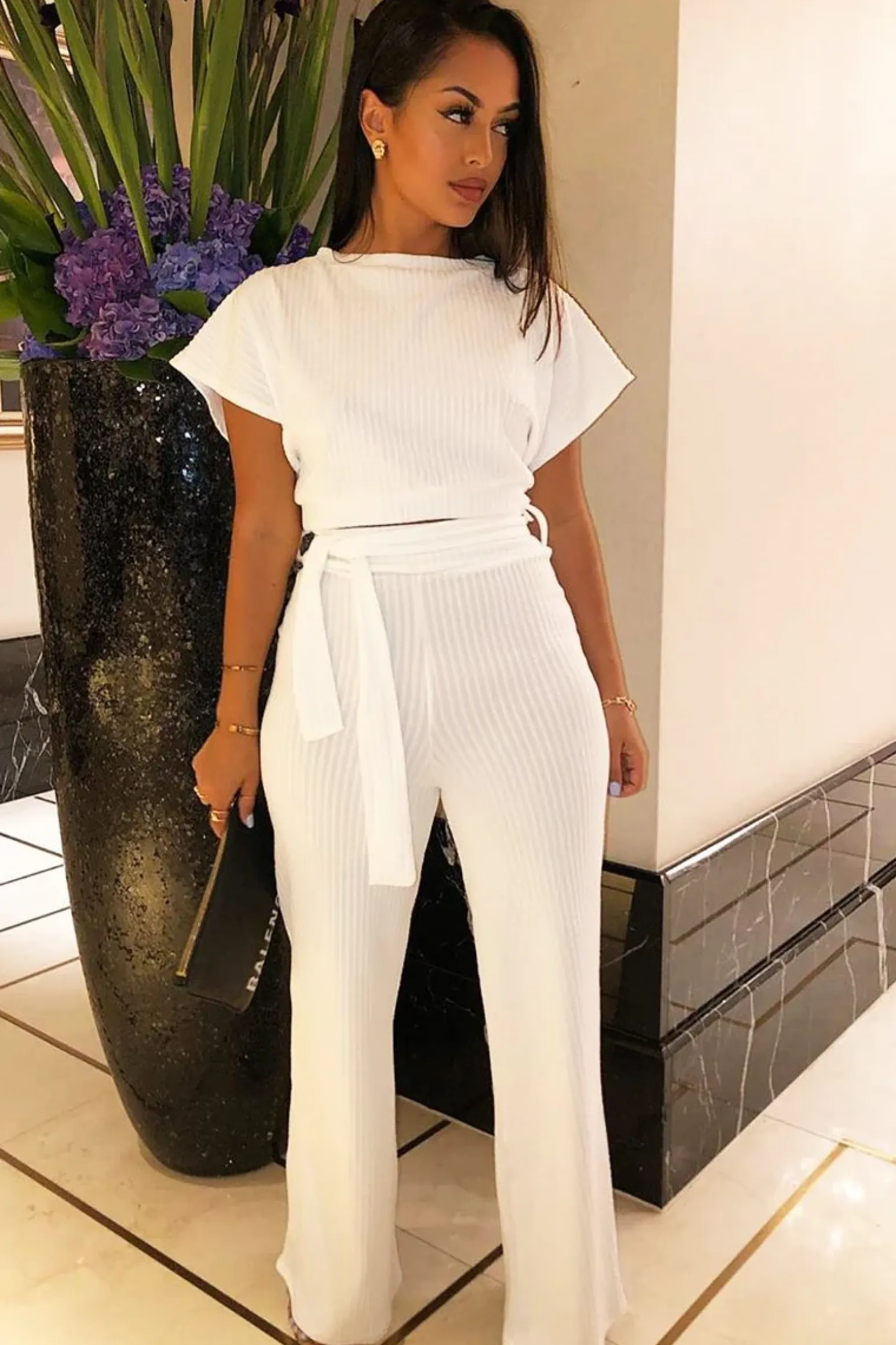 Rebellious Fashion White Wide Leg Ribbed Crop Top Loungewear Co-ord - Cesilia