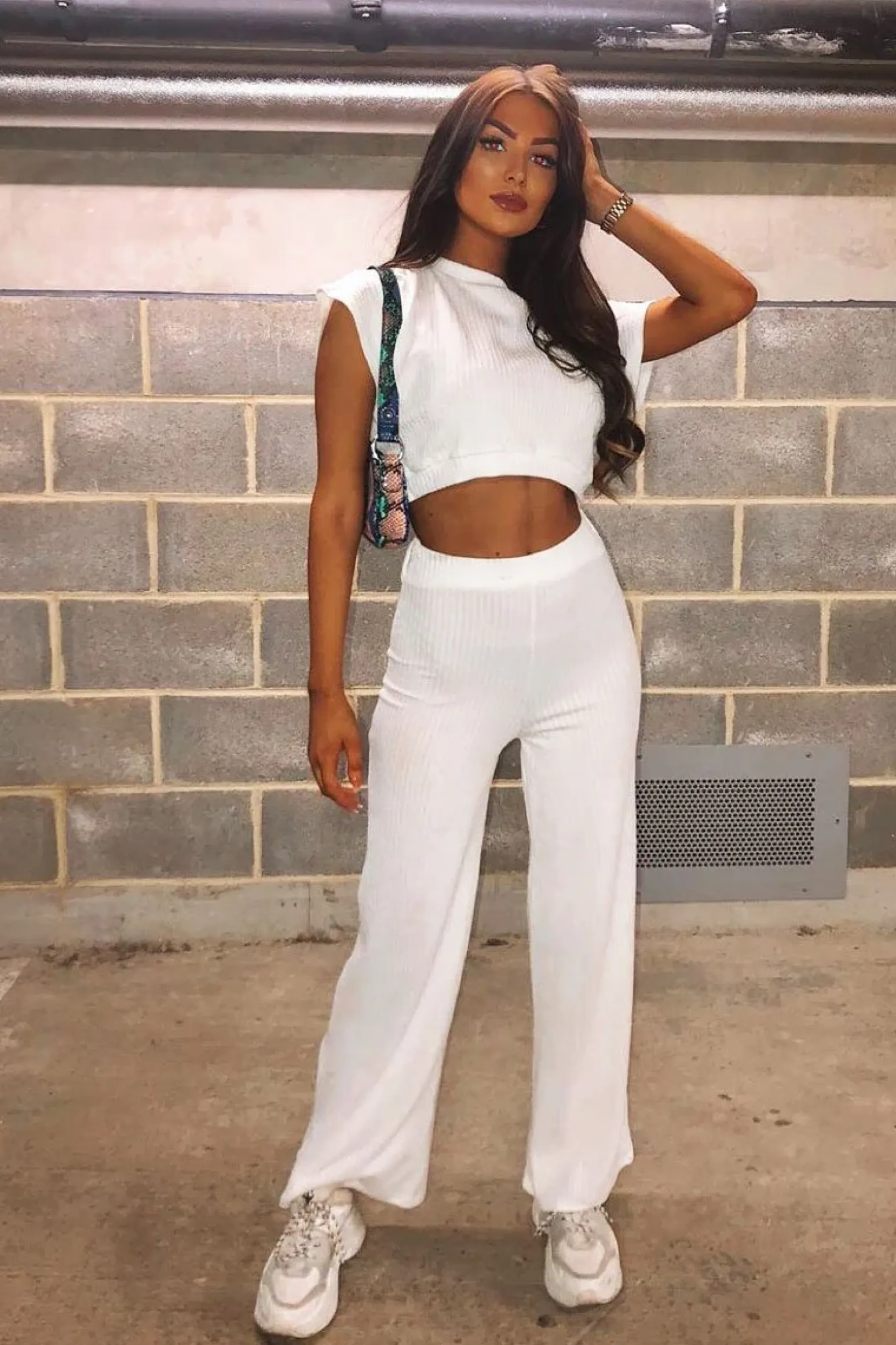Rebellious Fashion White Wide Leg Ribbed Crop Top Loungewear Co-ord - Cesilia