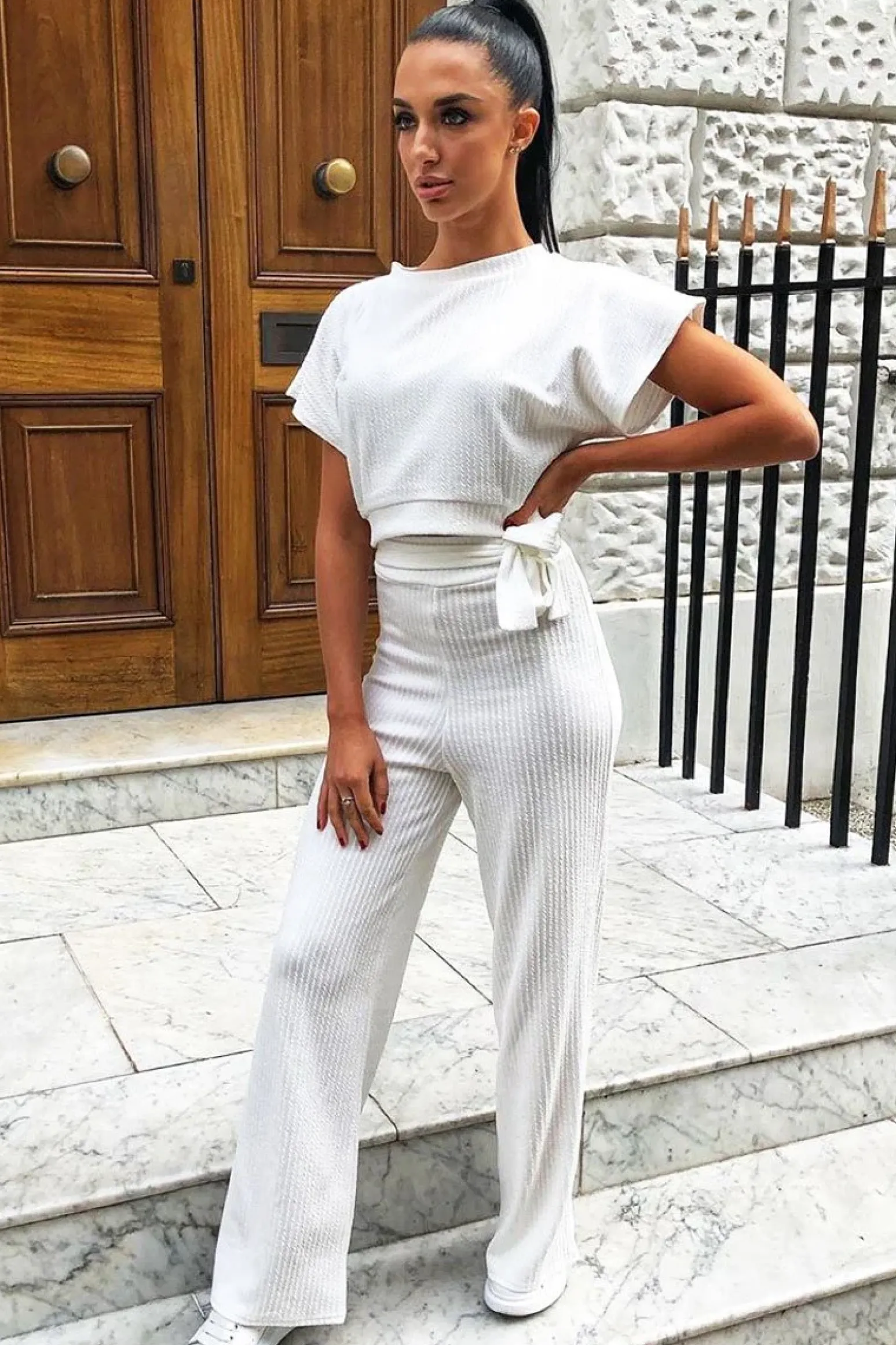 Rebellious Fashion White Wide Leg Ribbed Crop Top Loungewear Co-ord - Cesilia