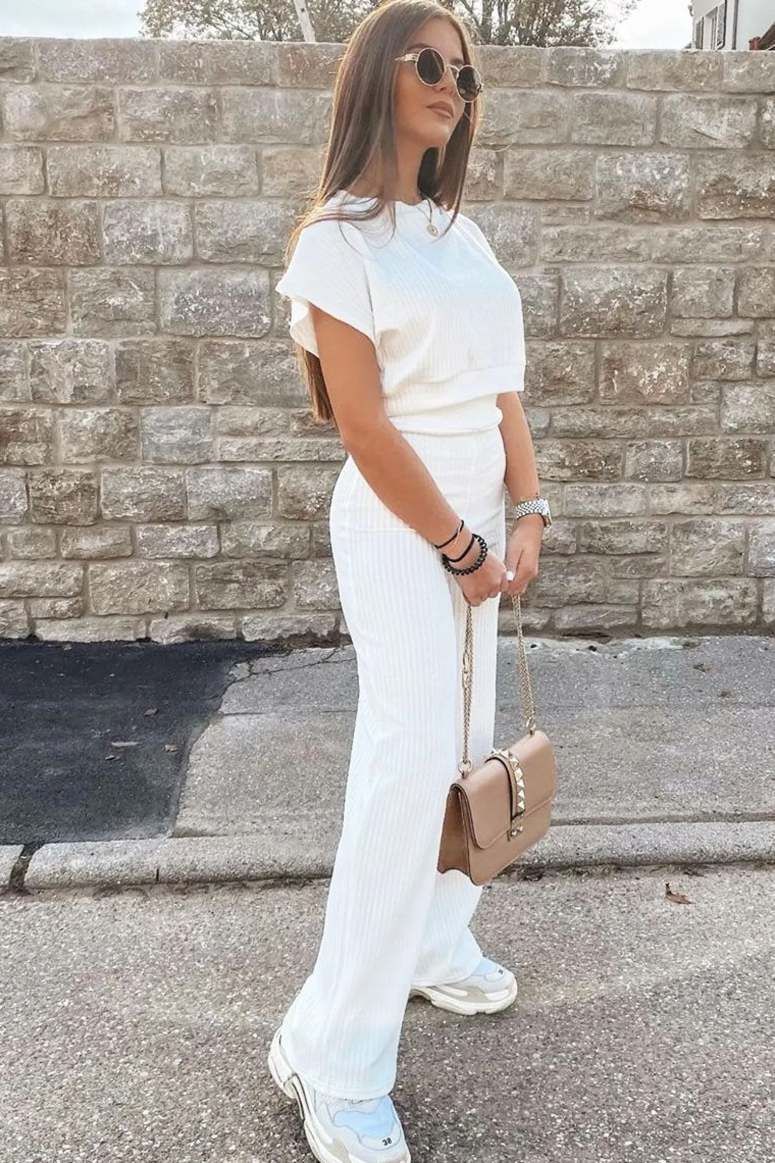 Rebellious Fashion White Wide Leg Ribbed Crop Top Loungewear Co-ord - Cesilia