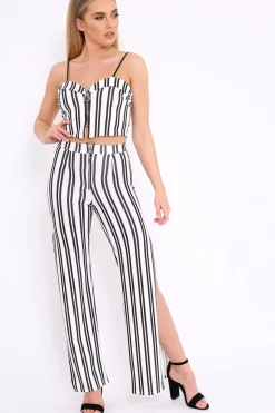 Rebellious Fashion White with Black Stripe Cami Crop Top and Trouser Set - Surie