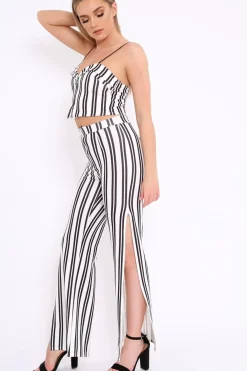 Rebellious Fashion White with Black Stripe Cami Crop Top and Trouser Set - Surie