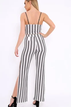 Rebellious Fashion White with Black Stripe Cami Crop Top and Trouser Set - Surie