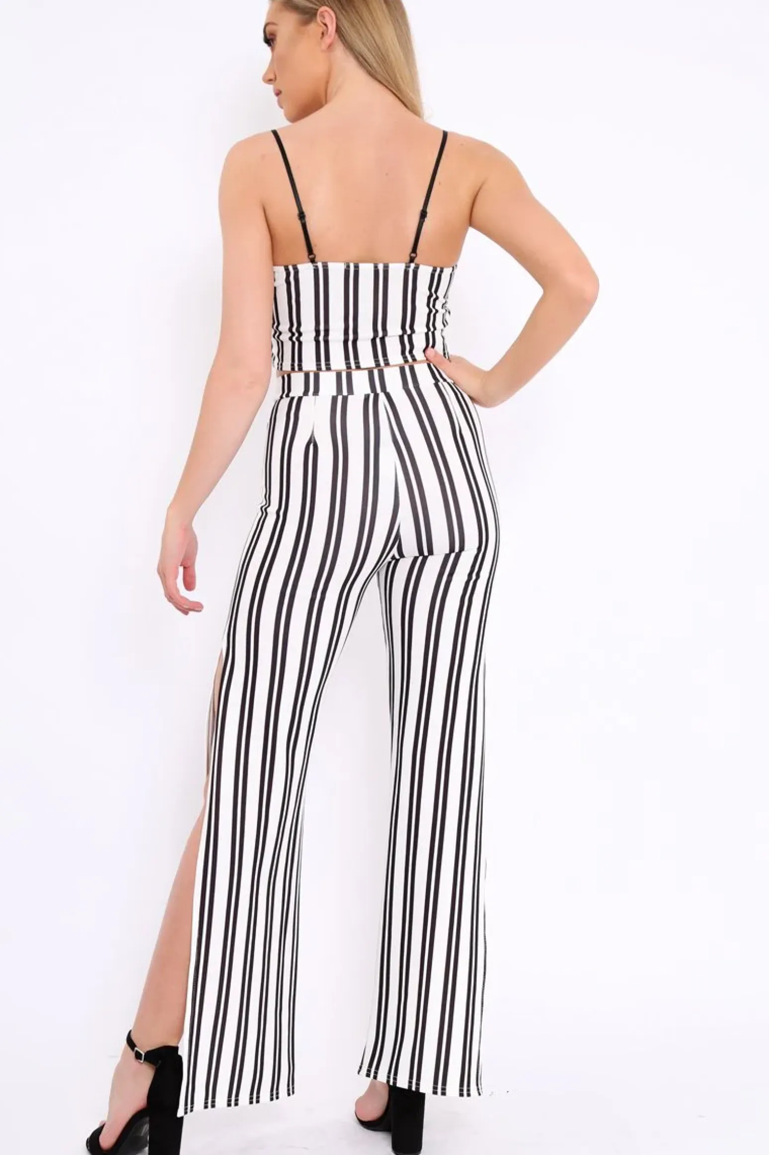 Rebellious Fashion White with Black Stripe Cami Crop Top and Trouser Set - Surie