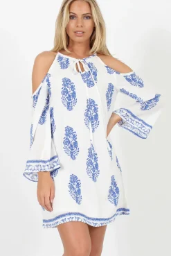 Rebellious Fashion White With Large Blue Paisley Print Cold Shoulder Dress - Penelope