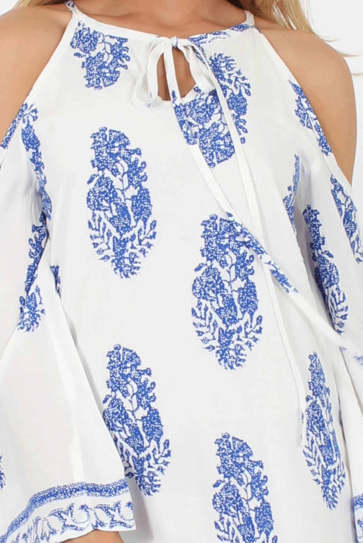 Rebellious Fashion White With Large Blue Paisley Print Cold Shoulder Dress - Penelope