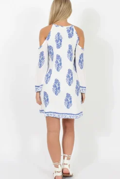 Rebellious Fashion White With Large Blue Paisley Print Cold Shoulder Dress - Penelope